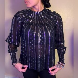 Elegant Express Metallic Black and Silver Sheer Women's Top Blouse
